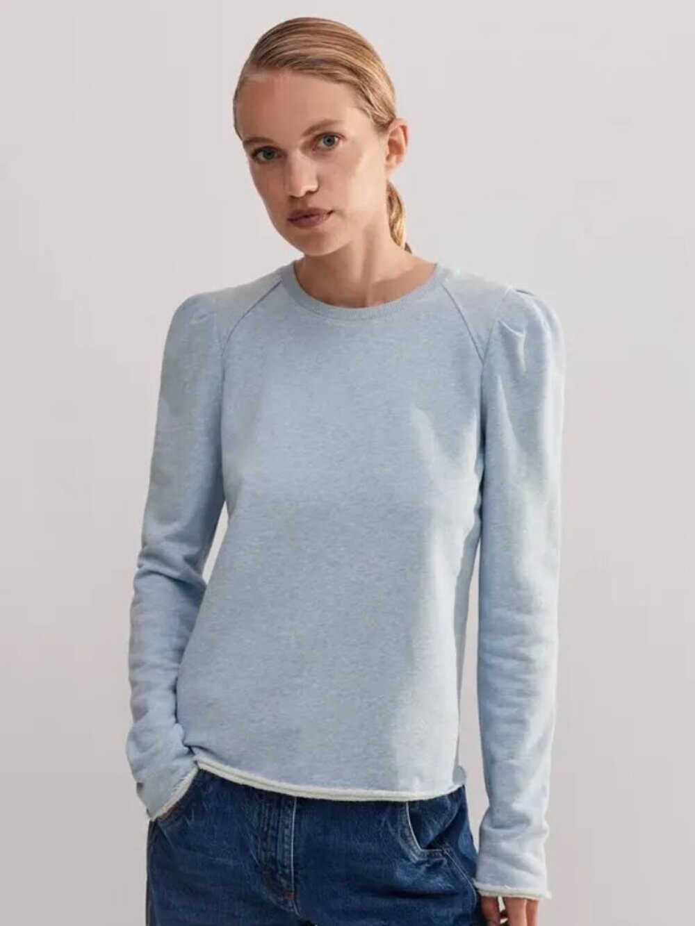ME+EM Rib trim feminine sweatshirt baby blue 100% cotton lightweight